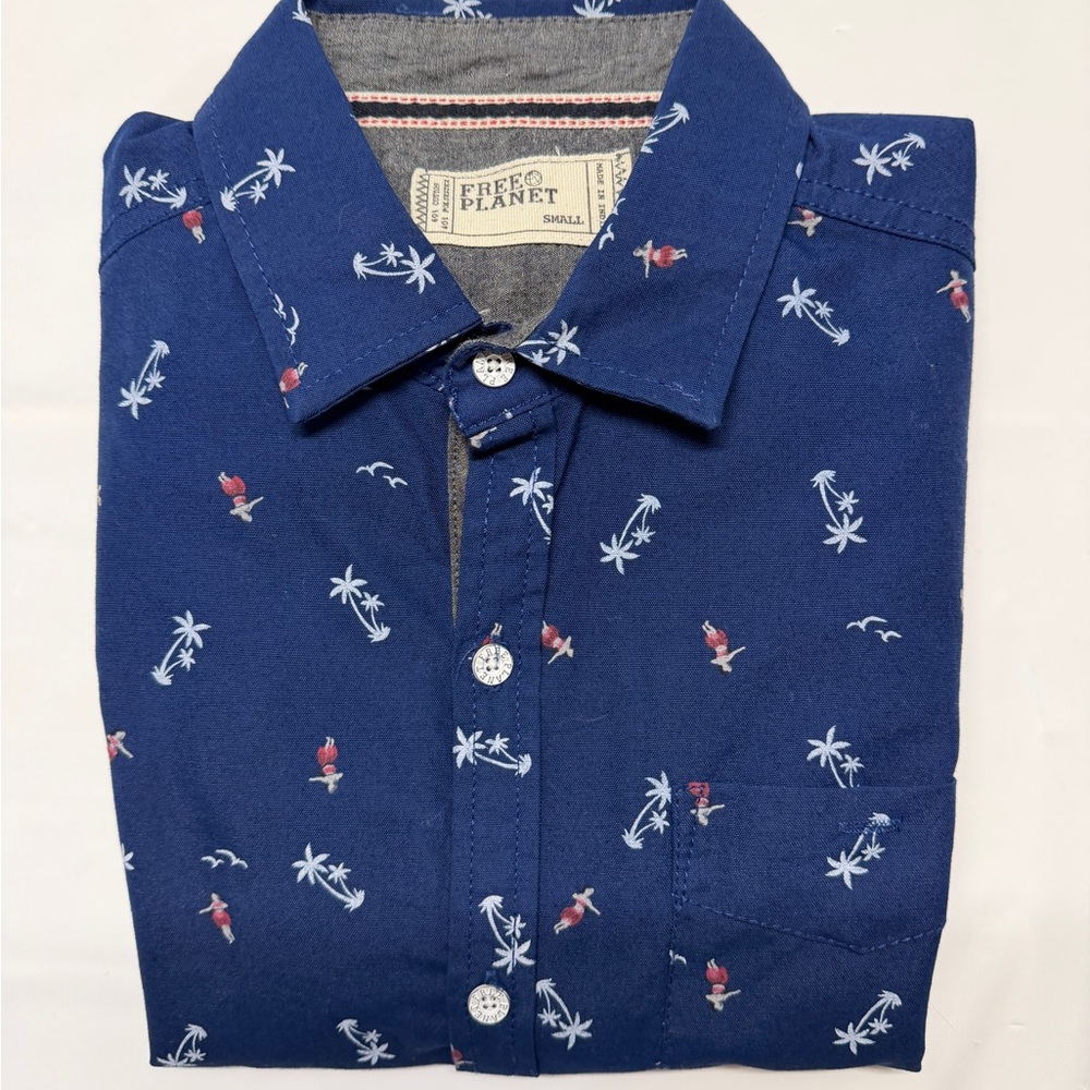 Free Planet Navy Short-Sleeve‎ Button-Down with White Palm & Red Surf Motif